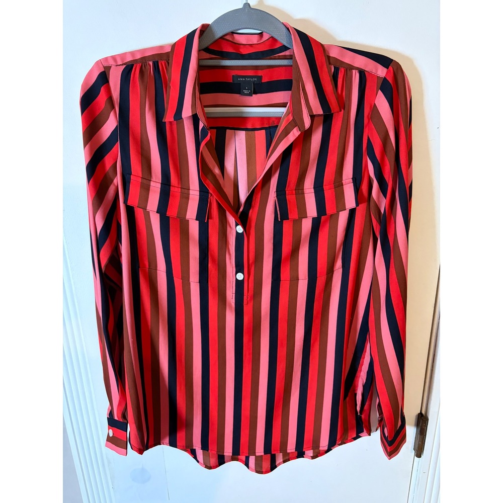 Ann Taylor Striped Long Sleeve Blouse Red Pink Navy Blue Small Button Front Top
